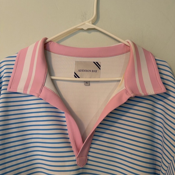 Addison Bay Tops - Addison Bay Blue & White Striped Performance Polo Top Pink Collar XL